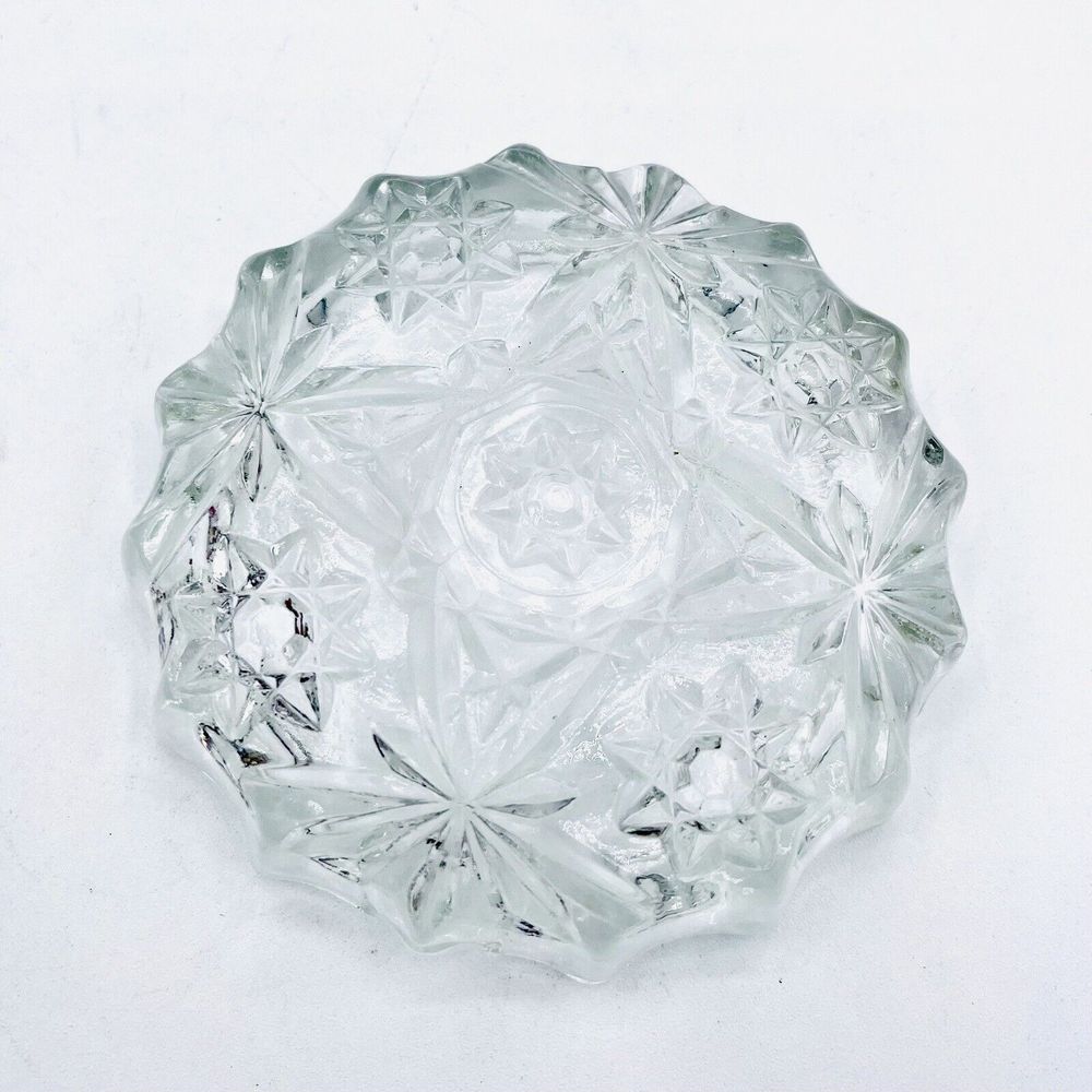 Anchor Hocking Small Round Ashtray Pressed Cut Glass. Star of David 4” Vintage